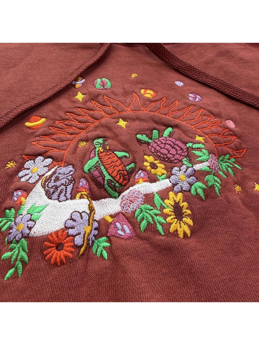 Nike Embroidered Hoodie Orange Nature Sun Floral Turtle Artsy Pullover Small - Picture 3 of 8